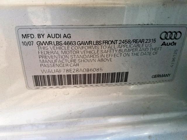 WAUAF78E28A086085 - 2008 AUDI A4 2.0T SILVER photo 10