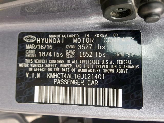 KMHCT4AE1GU121401 - 2016 HYUNDAI ACCENT SE GRAY photo 10