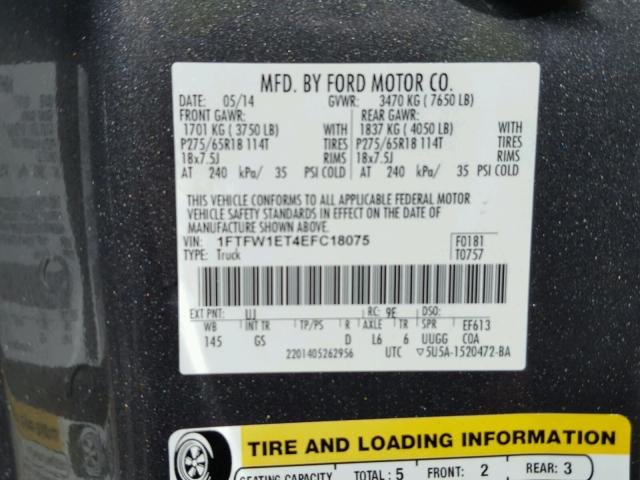 1FTFW1ET4EFC18075 - 2014 FORD F150 SUPER GRAY photo 10