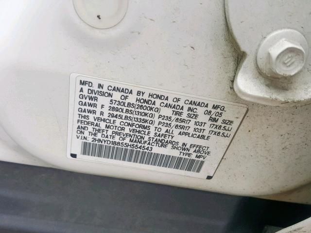 2HNYD18855H554543 - 2005 ACURA MDX TOURIN WHITE photo 10