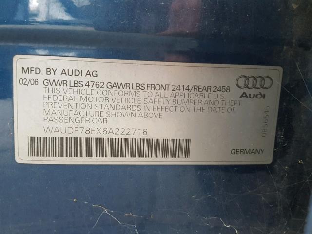 WAUDF78EX6A222716 - 2006 AUDI A4 2.0T QU BLUE photo 10