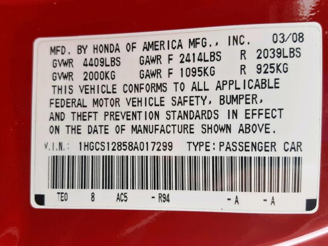 1HGCS12858A017299 - 2008 HONDA ACCORD EXL RED photo 10