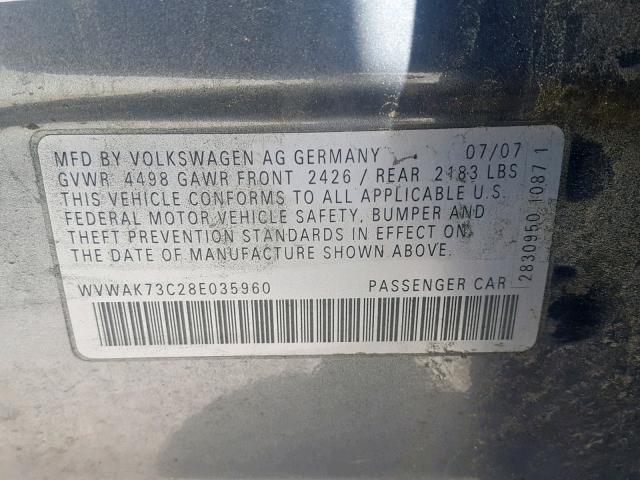 WVWAK73C28E035960 - 2008 VOLKSWAGEN PASSAT KOM GRAY photo 10