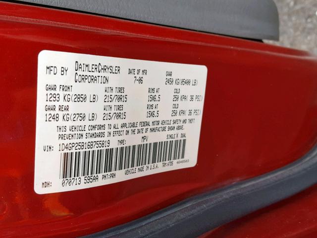 1D4GP25B16B755819 - 2006 DODGE CARAVAN SE RED photo 10