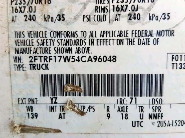 2FTRF17W54CA96048 - 2004 FORD F-150 HERI WHITE photo 10