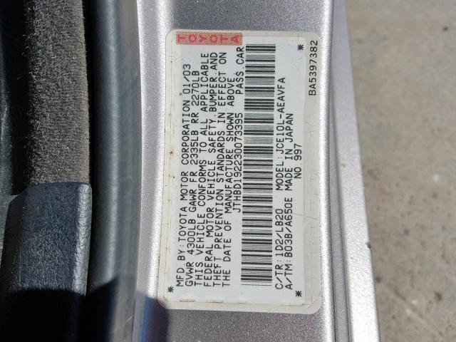 JTHBD192230073395 - 2003 LEXUS IS 300 GRAY photo 10