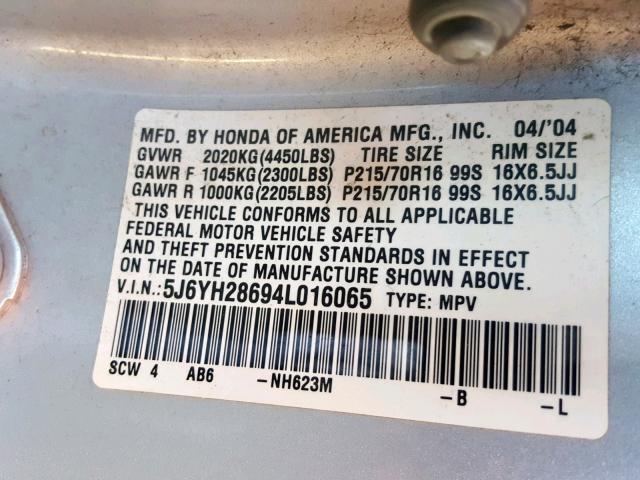 5J6YH28694L016065 - 2004 HONDA ELEMENT EX SILVER photo 10