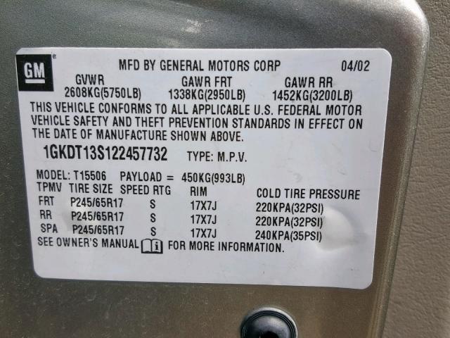 1GKDT13S122457732 - 2002 GMC ENVOY GOLD photo 10