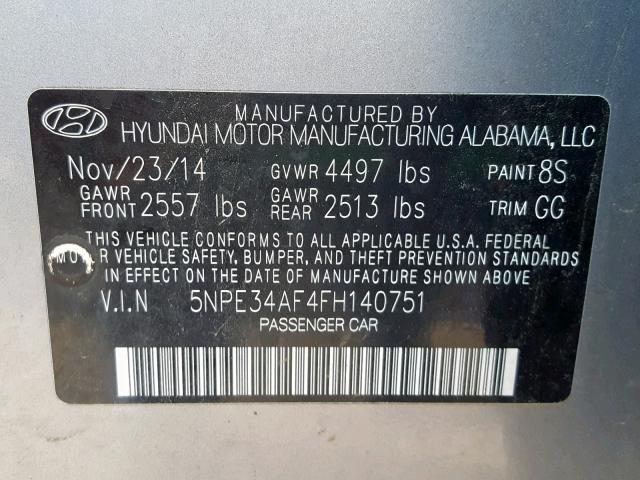 5NPE34AF4FH140751 - 2015 HYUNDAI SONATA SPO SILVER photo 10