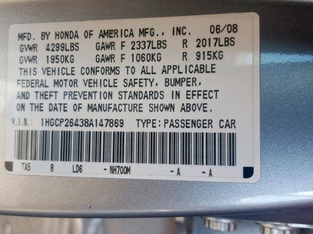 1HGCP26438A147869 - 2008 HONDA ACCORD LXP SILVER photo 10