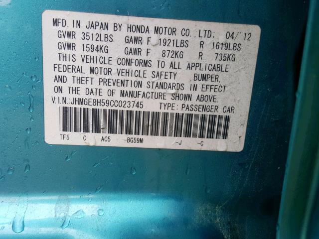 JHMGE8H59CC023745 - 2012 HONDA FIT SPORT BLUE photo 10