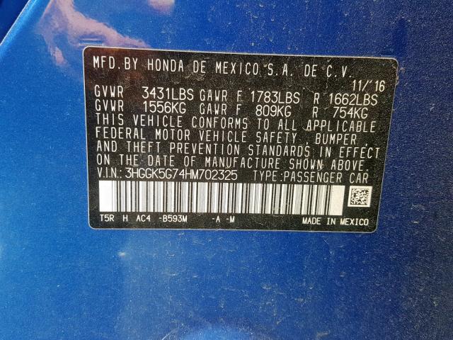 3HGGK5G74HM702325 - 2017 HONDA FIT EX BLUE photo 10