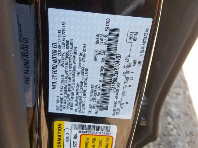 3FA6P0RU3KR104907 - 2019 FORD FUSION TIT BLACK photo 10