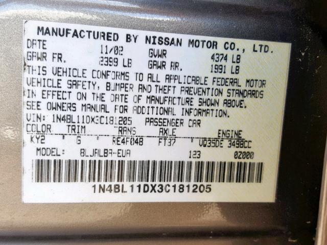 1N4BL11DX3C181205 - 2003 NISSAN ALTIMA SE GOLD photo 10