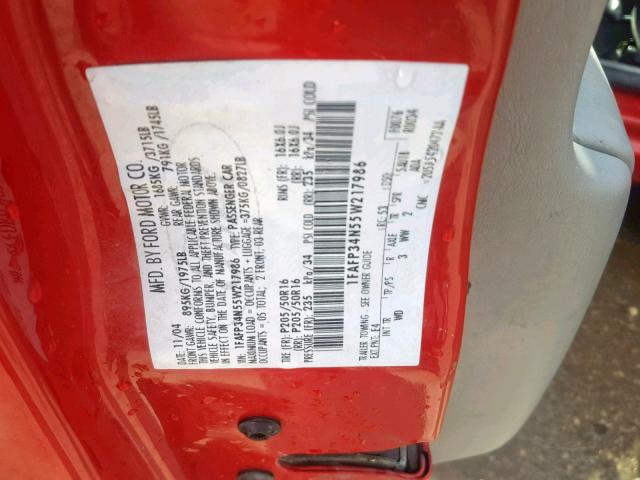 1FAFP34N55W217986 - 2005 FORD FOCUS ZX4 RED photo 10