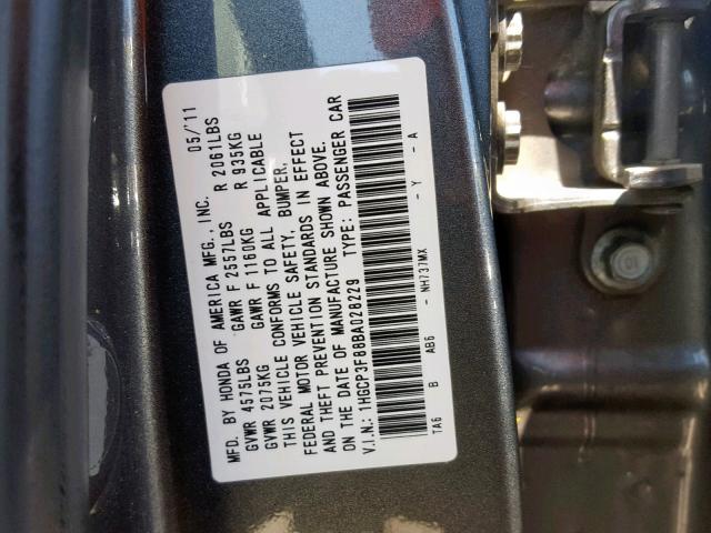 1HGCP3F88BA028229 - 2011 HONDA ACCORD EXL GRAY photo 10