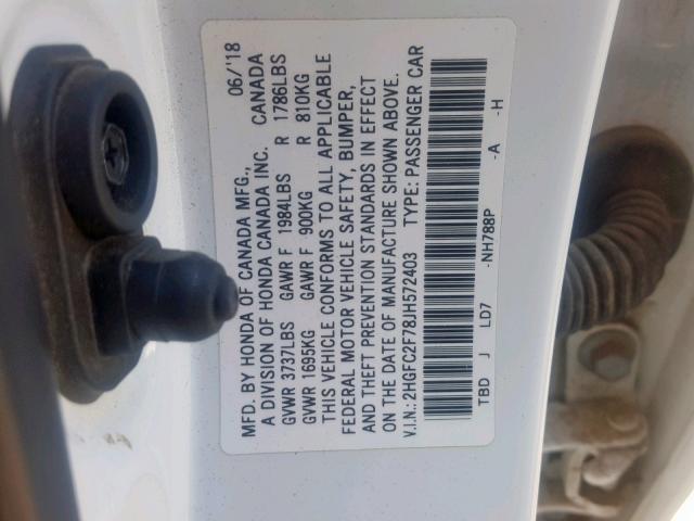 2HGFC2F78JH572403 - 2018 HONDA CIVIC EX WHITE photo 10
