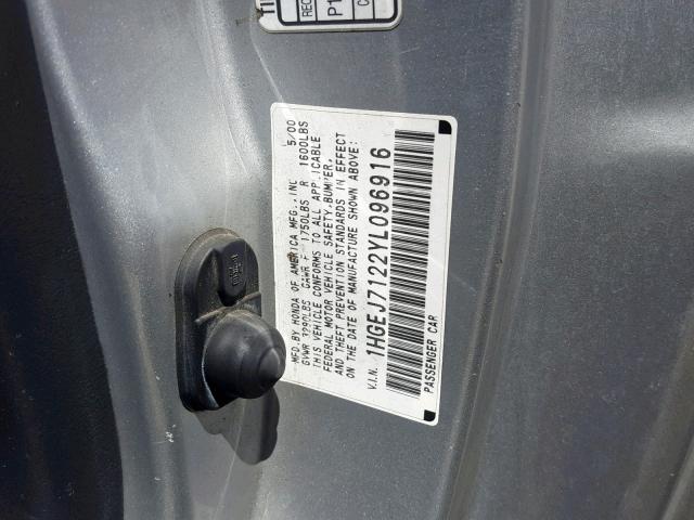 1HGEJ7122YL096916 - 2000 HONDA CIVIC HX SILVER photo 10