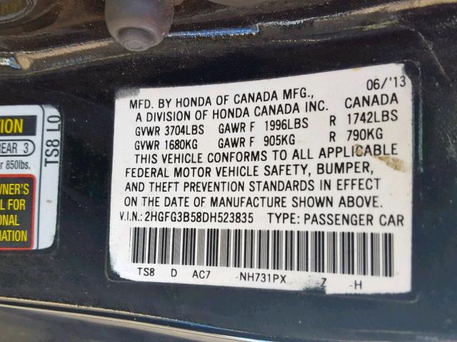 2HGFG3B04DH508186 - 2013 HONDA CIVIC EXL 黑色 照片 10