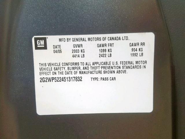 2G2WP522451317832 - 2005 PONTIAC GRAND PRIX GRAY photo 10