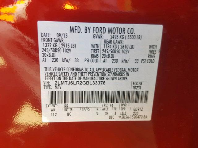 2LMTJ6LR2GBL33378 - 2016 LINCOLN MKX RESERV RED photo 10