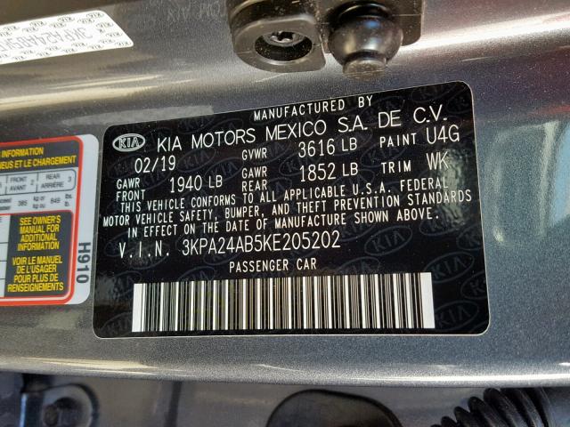 3KPA24AB5KE205202 - 2019 KIA RIO S GRAY photo 10