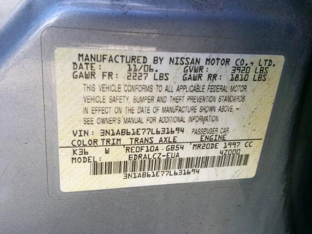 3N1AB61E77L631694 - 2007 NISSAN SENTRA 2.0 SILVER photo 10