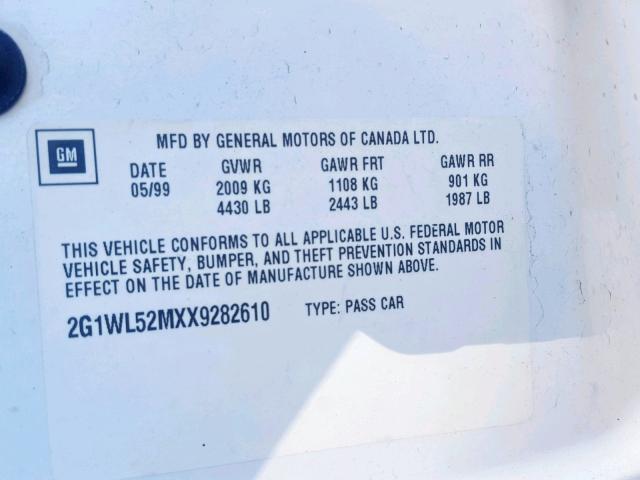 2G1WL52MXX9282610 - 1999 CHEVROLET LUMINA BAS WHITE photo 10