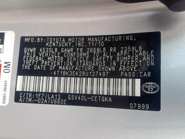 4T1BK3EK2BU127497 - 2011 TOYOTA CAMRY SE SILVER photo 10