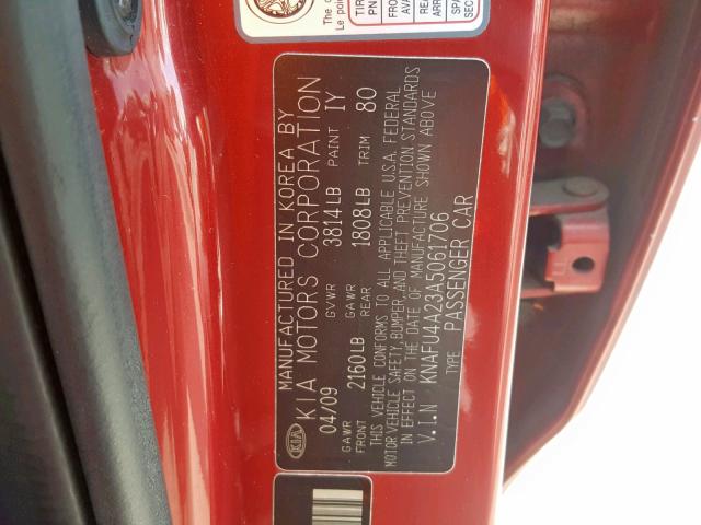 KNAFU4A23A5061706 - 2010 KIA FORTE EX RED photo 10