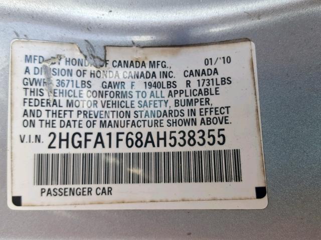 2HGFA1F68AH538355 - 2010 HONDA CIVIC LX-S Gümüş foto 10