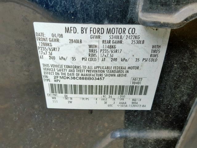 2FMDK38C88BB03457 - 2008 FORD EDGE SEL BLUE photo 10