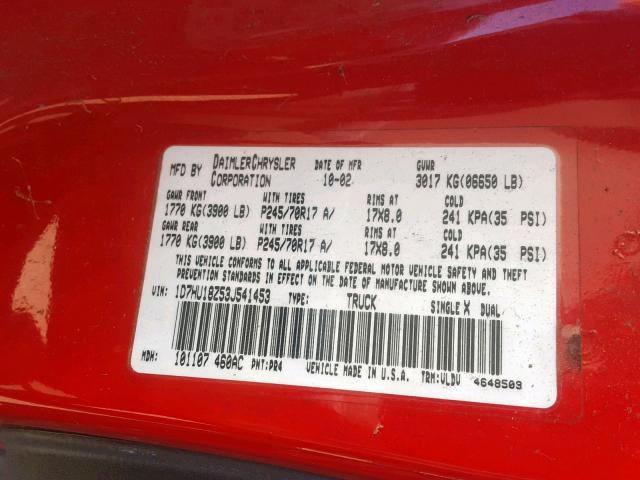 1D7HU18Z53J541453 - 2003 DODGE RAM 1500 S RED photo 10