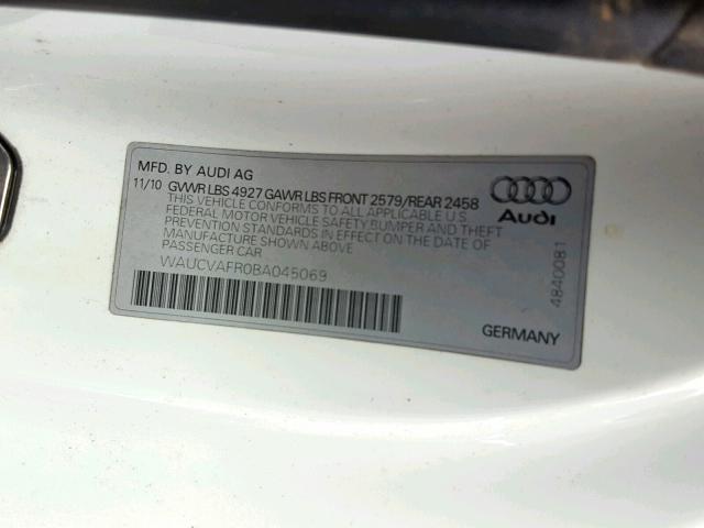 WAUCVAFR0BA045069 - 2011 AUDI S5 PREMIUM WHITE photo 10