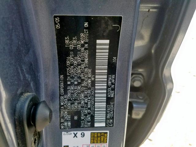 JTEGD21AX50126620 - 2005 TOYOTA HIGHLANDER BLUE photo 10