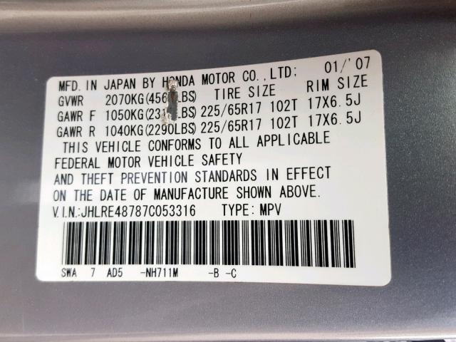 JHLRE48787C053316 - 2007 HONDA CR-V EXL SILVER photo 10