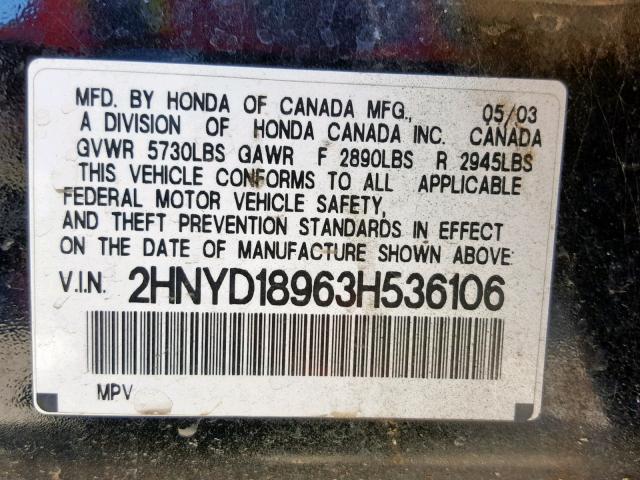 2HNYD18963H536106 - 2003 ACURA MDX TOURIN BLACK photo 10