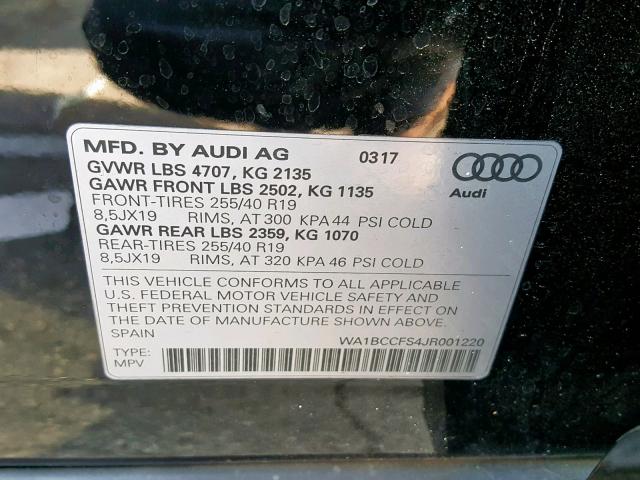 WA1BCCFS4JR001220 - 2018 AUDI Q3 PREMIUM BLACK photo 10