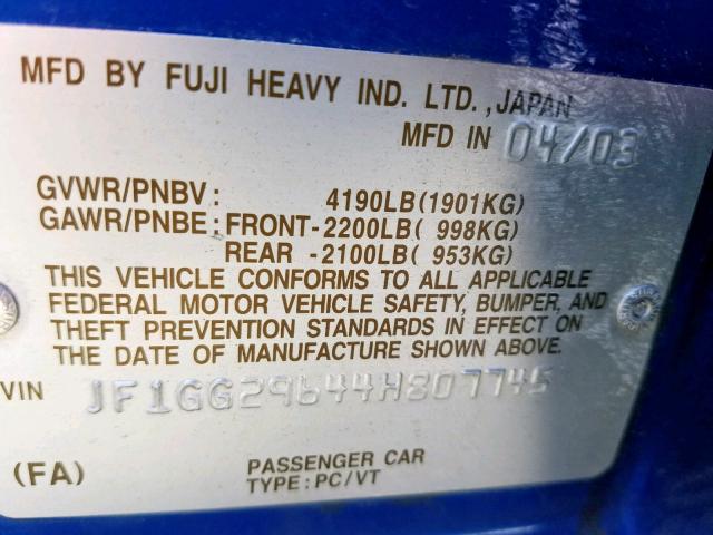 JF1GG29644H807745 - 2004 SUBARU IMPREZA WR BLUE photo 10