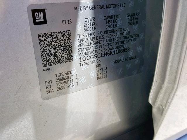 1GCGSCEN6K1106853 - 2019 CHEVROLET COLORADO L SILVER photo 10