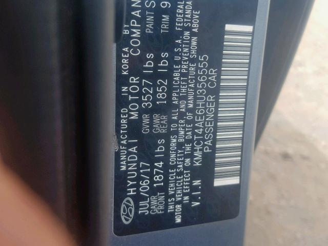 KMHCT4AE6HU356555 - 2017 HYUNDAI ACCENT SE GRAY photo 10