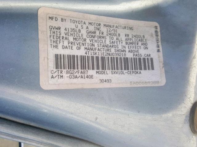 4T1SK11E2NU039218 - 1992 TOYOTA CAMRY DLX ლურჯი ფოტო 10