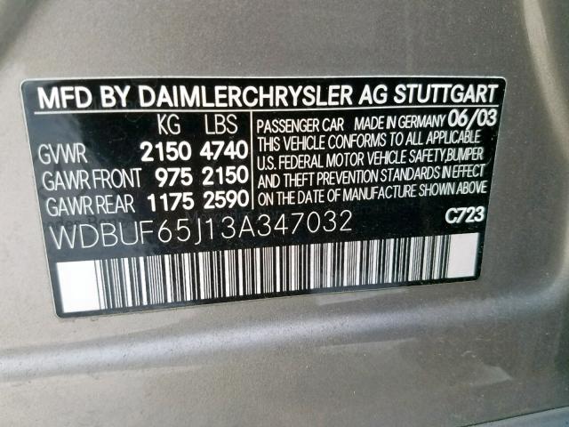 WDBUF65J13A347032 - 2003 MERCEDES-BENZ E 320 SILVER photo 10