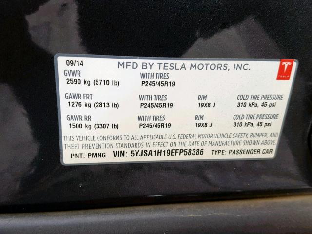 5YJSA1H19EFP58386 - 2014 TESLA MODEL S GRAY photo 10