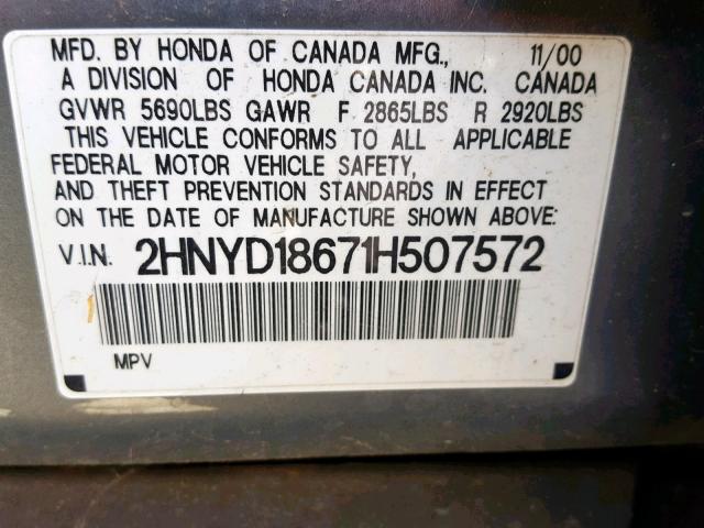 2HNYD18671H507572 - 2001 ACURA MDX TOURIN GRAY photo 10