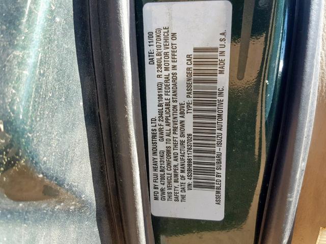 4S3BH896117637026 - 2001 SUBARU LEGACY OUT GREEN photo 10