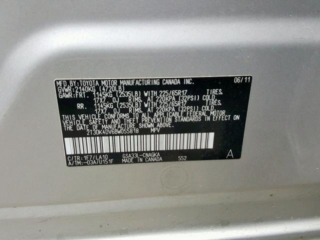 2T3DK4DV6BW055818 - 2011 TOYOTA RAV4 LIMIT SILVER photo 10