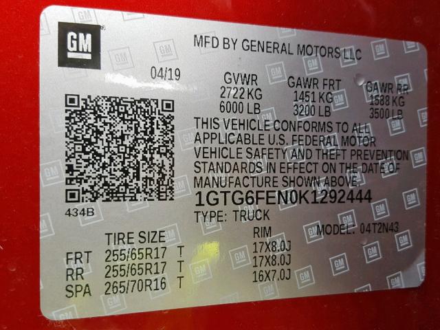 1GTG6FEN0K1292444 - 2019 GMC CANYON ALL RED photo 10