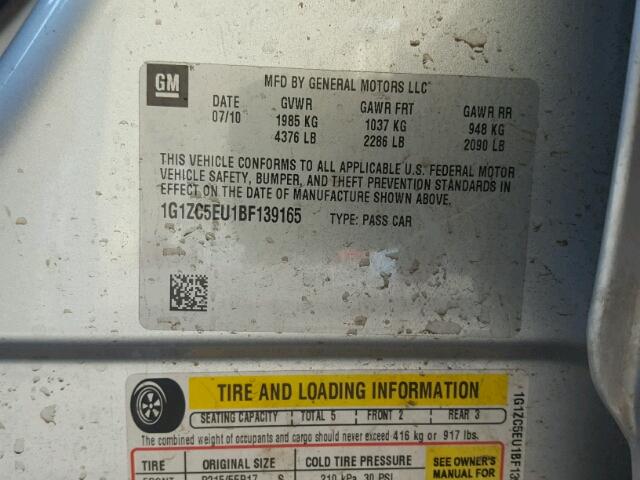 1G1ZC5EU1BF139165 - 2011 CHEVROLET MALIBU 1LT SILVER photo 10