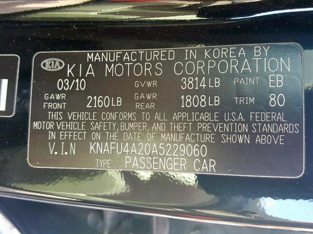 KNAFU4A20A5229060 - 2010 KIA FORTE EX BLACK photo 10